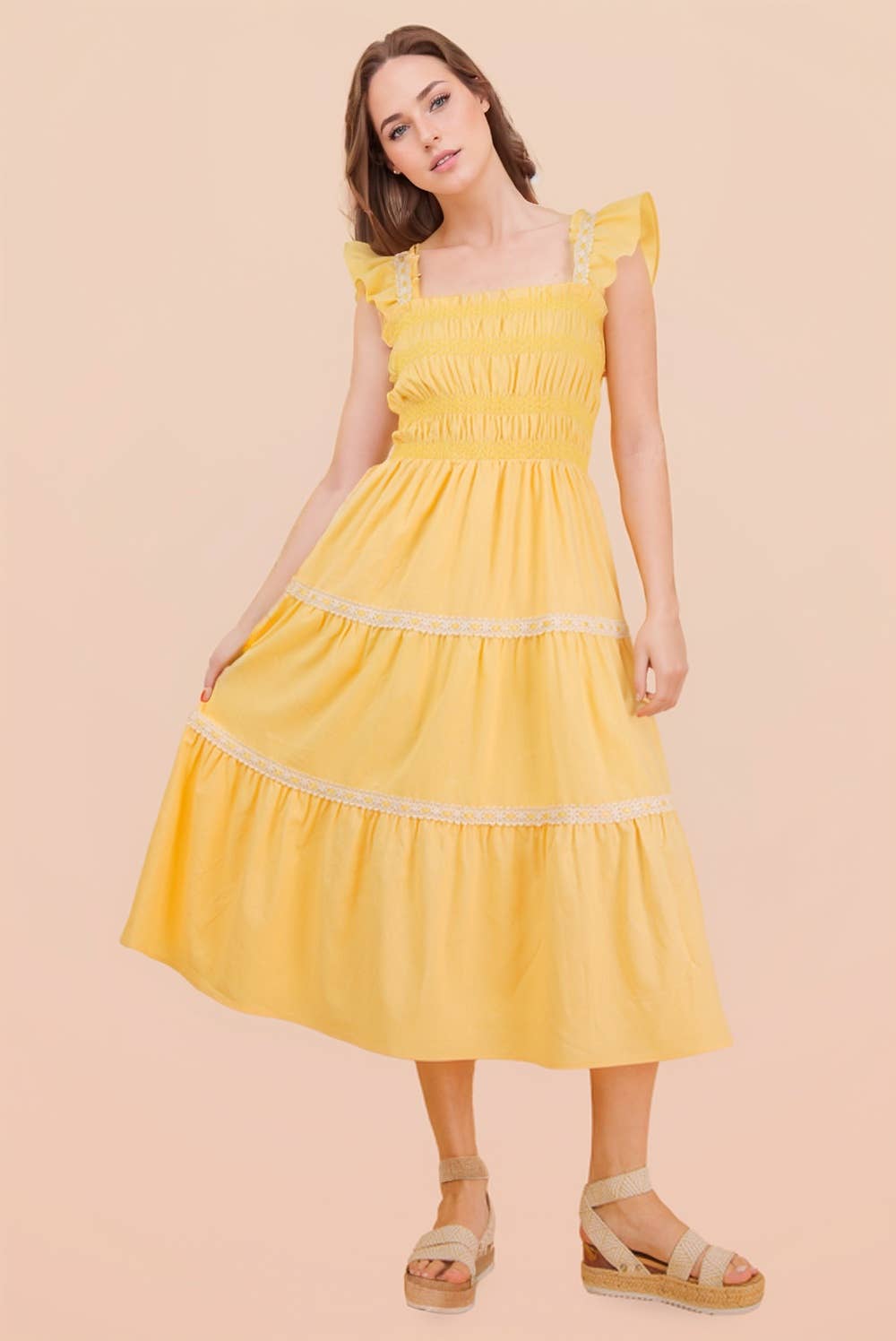 ND31741-Smocking Detail Solid Woven Midi Dress