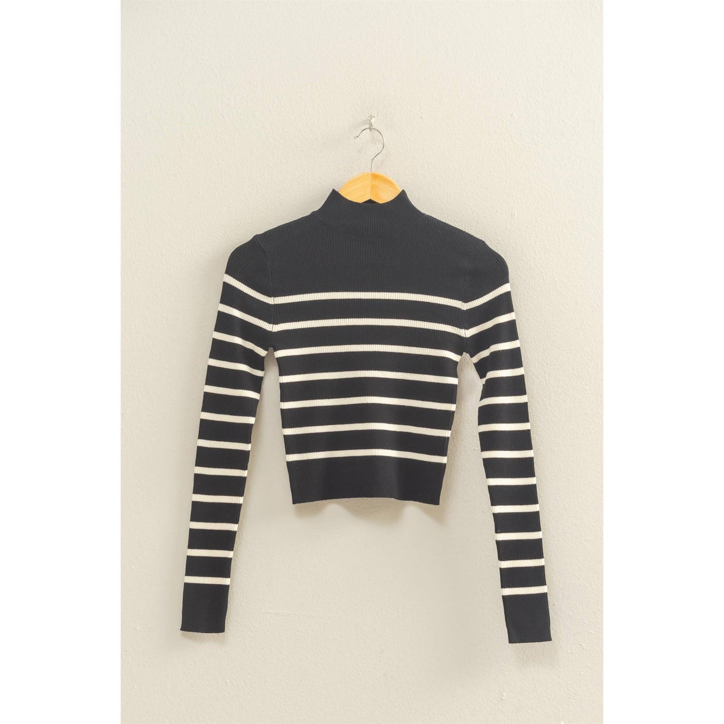 Striped Ribbed High Neck Cropped Knit Top