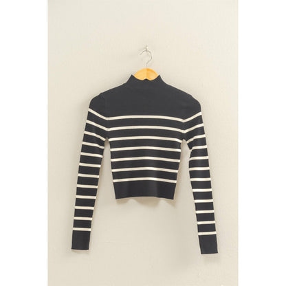 Striped Ribbed High Neck Cropped Knit Top