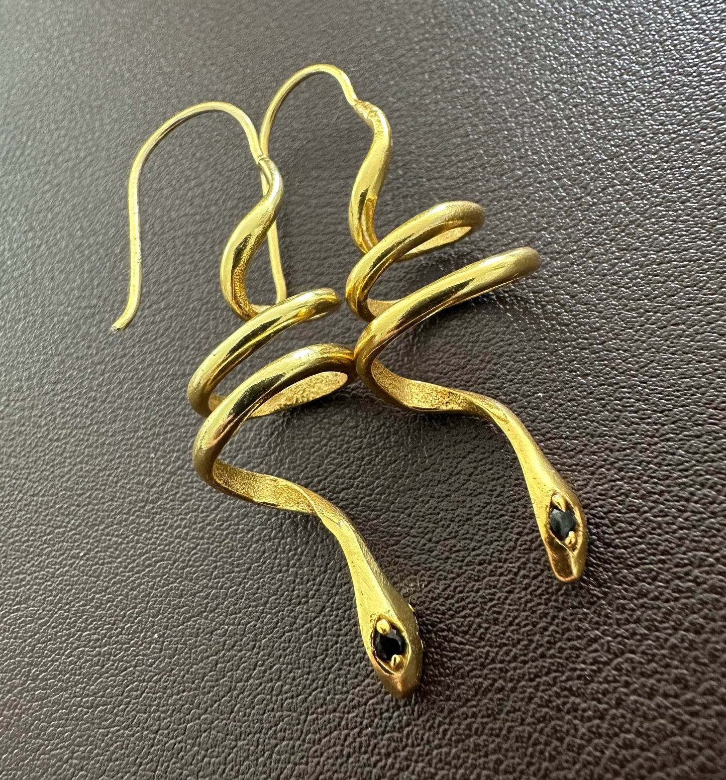 Green Zircon Eyes | Gold Snake Hoop Earrings | Spiral Snake