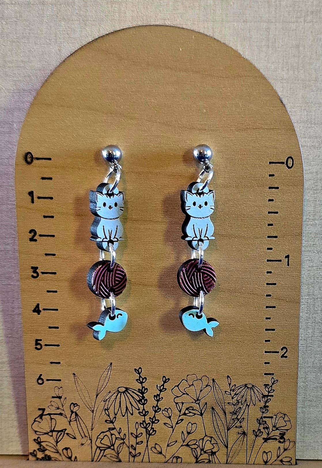 Cat & Yarn Dangle Wooden Charm Earrings