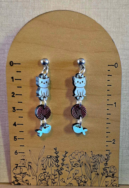 Cat & Yarn Dangle Wooden Charm Earrings