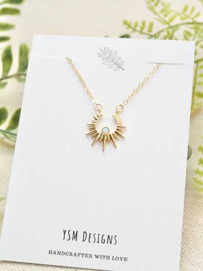 Sunburst Charm Necklace Dainty Opal Necklace Celestial Theme