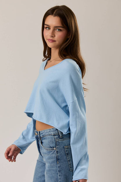 DROP SHOULDER V-NECK BOXY CROPPED SWEATER