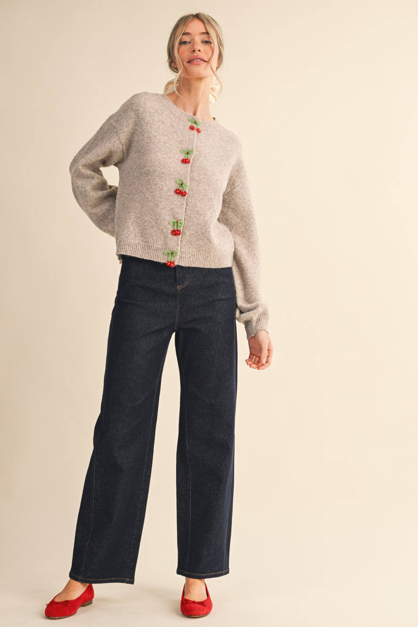 BEADED BOW FLORAL BUTTON SWEATER CARDIGAN MSW11256