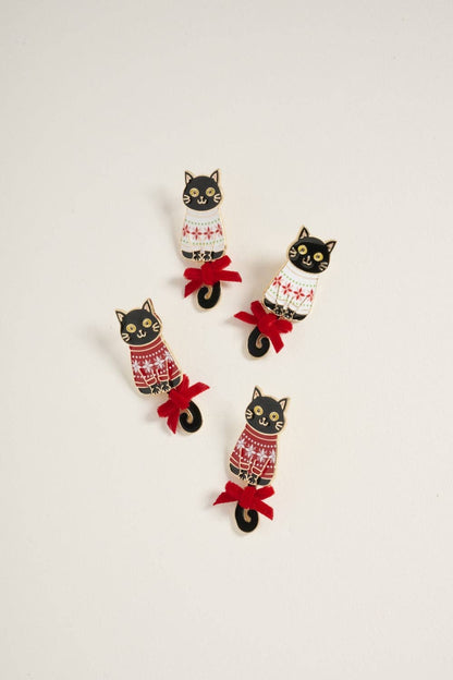 Cat in Christmas Sweater with Ribbon Post Earrings