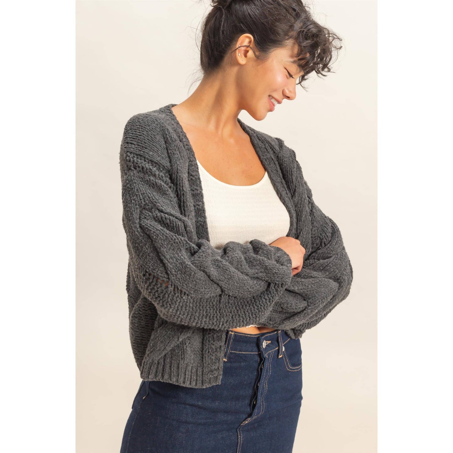 Oversized Cable Knit Open Front Cardigan Sweater