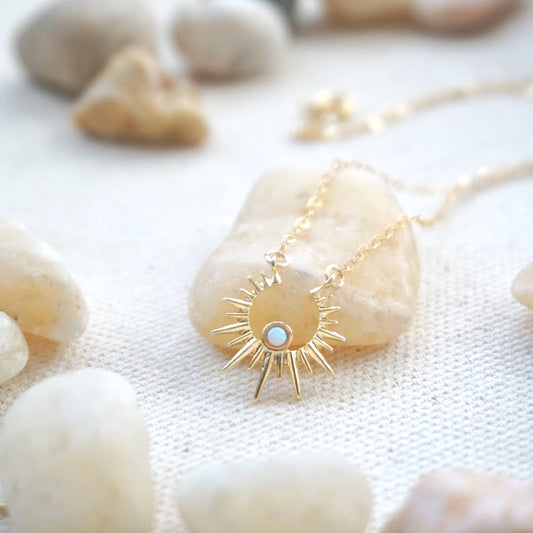 Sunburst Charm Necklace Dainty Opal Necklace Celestial Theme