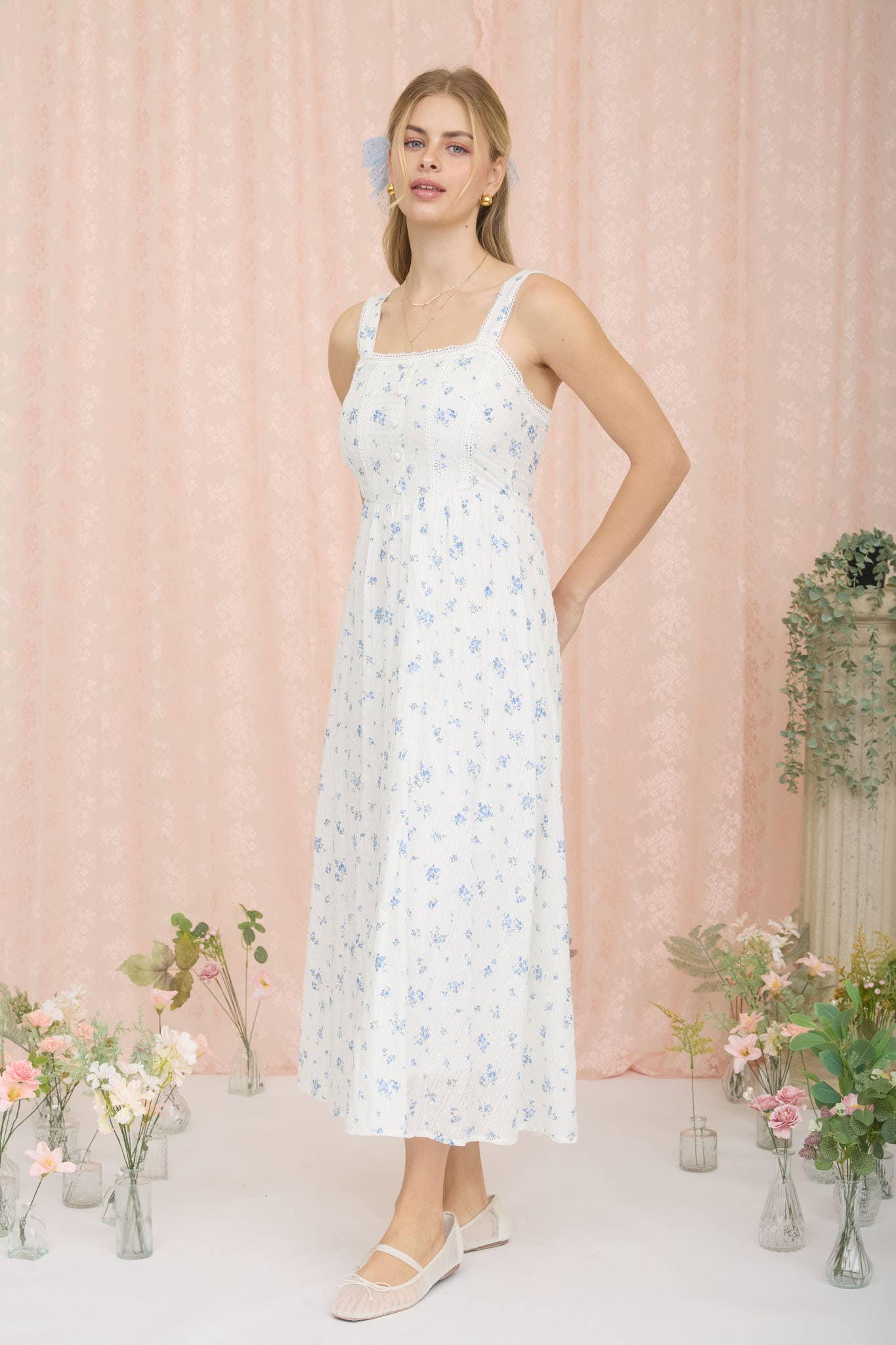 FLORAL STRIPE CLIP DOT SLEEVELESS MAXI DRESS