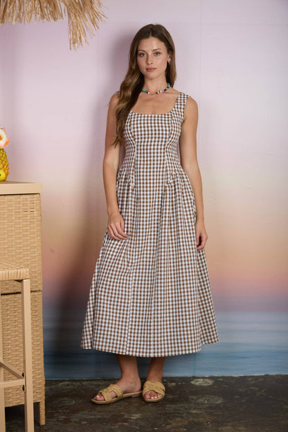 PLAID BASQUE WAIST SLEEVELESS MIDI DRESS