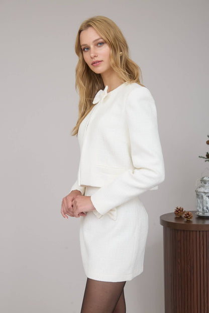 TWEED FRONT BOW TIE DETAIL BLAZER JACKET