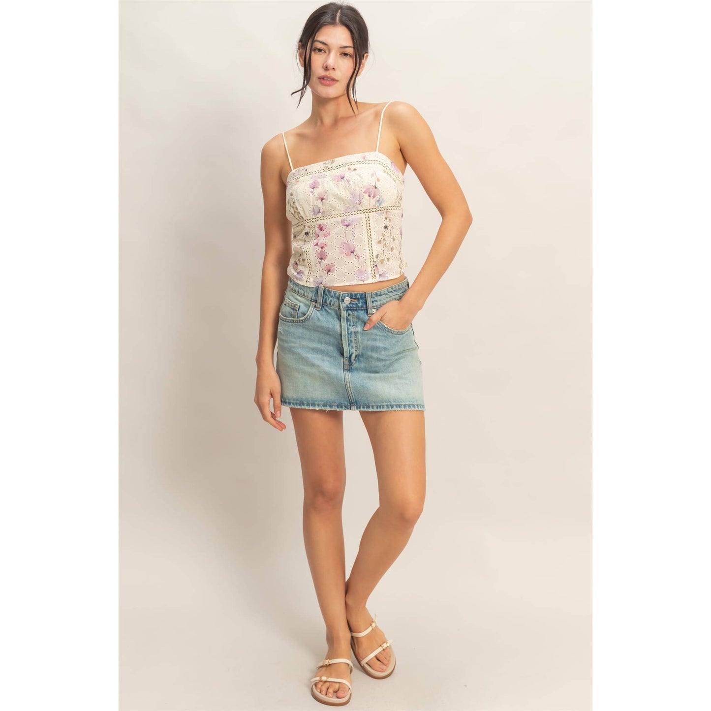 Lace Trim Floral Strap Tank