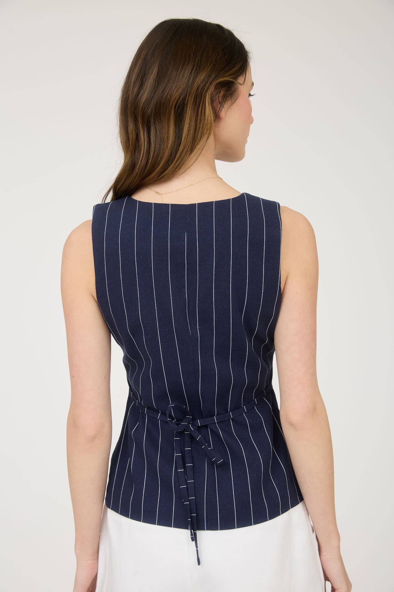 PINSTRIPE SQUARE NECK BUTTON FRONT VEST TOP