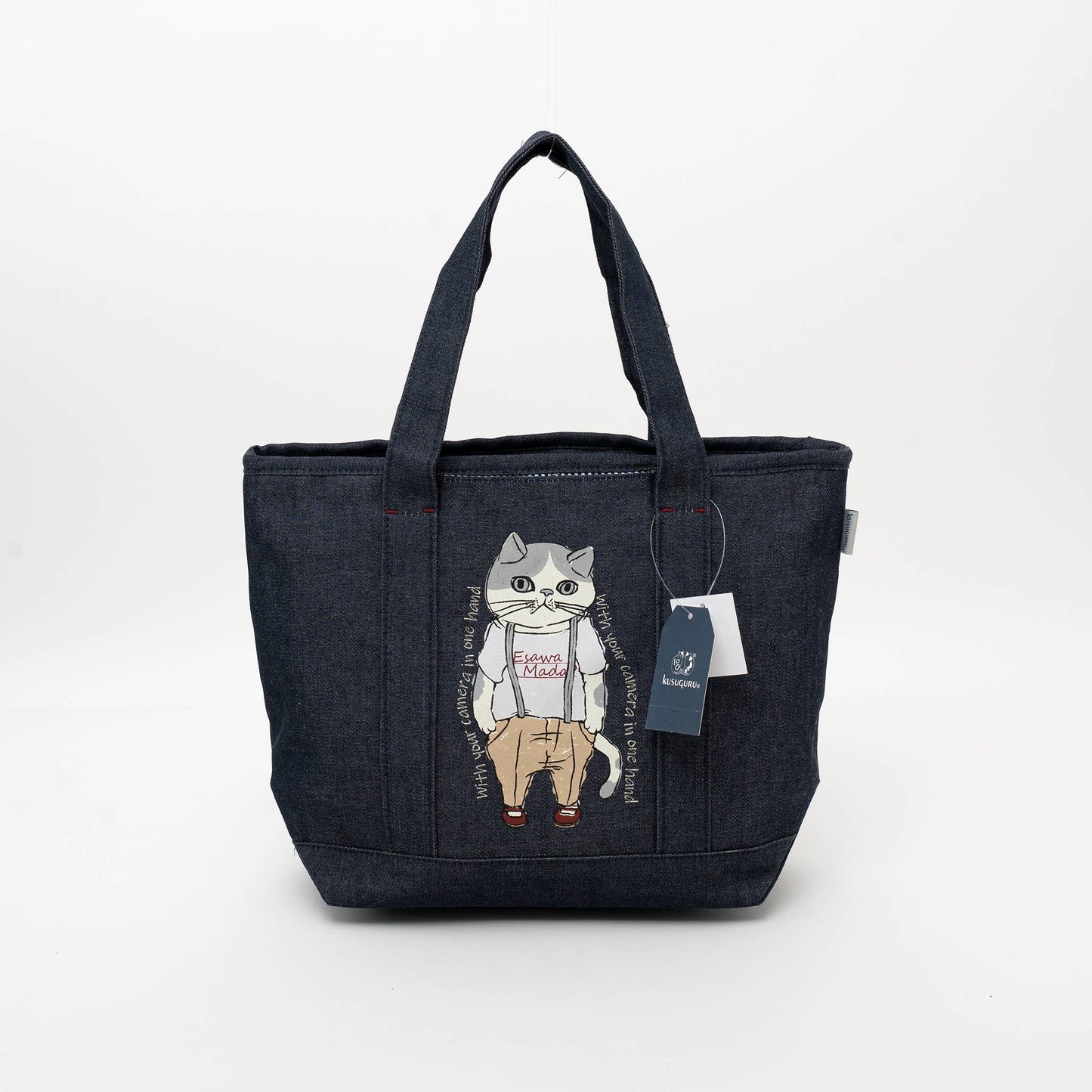 Kusuguru Japan Denim & Canvas Cat Tote Bag Dark Denim