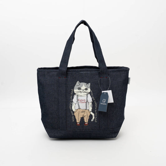 Kusuguru Japan Denim & Canvas Cat Tote Bag Dark Denim
