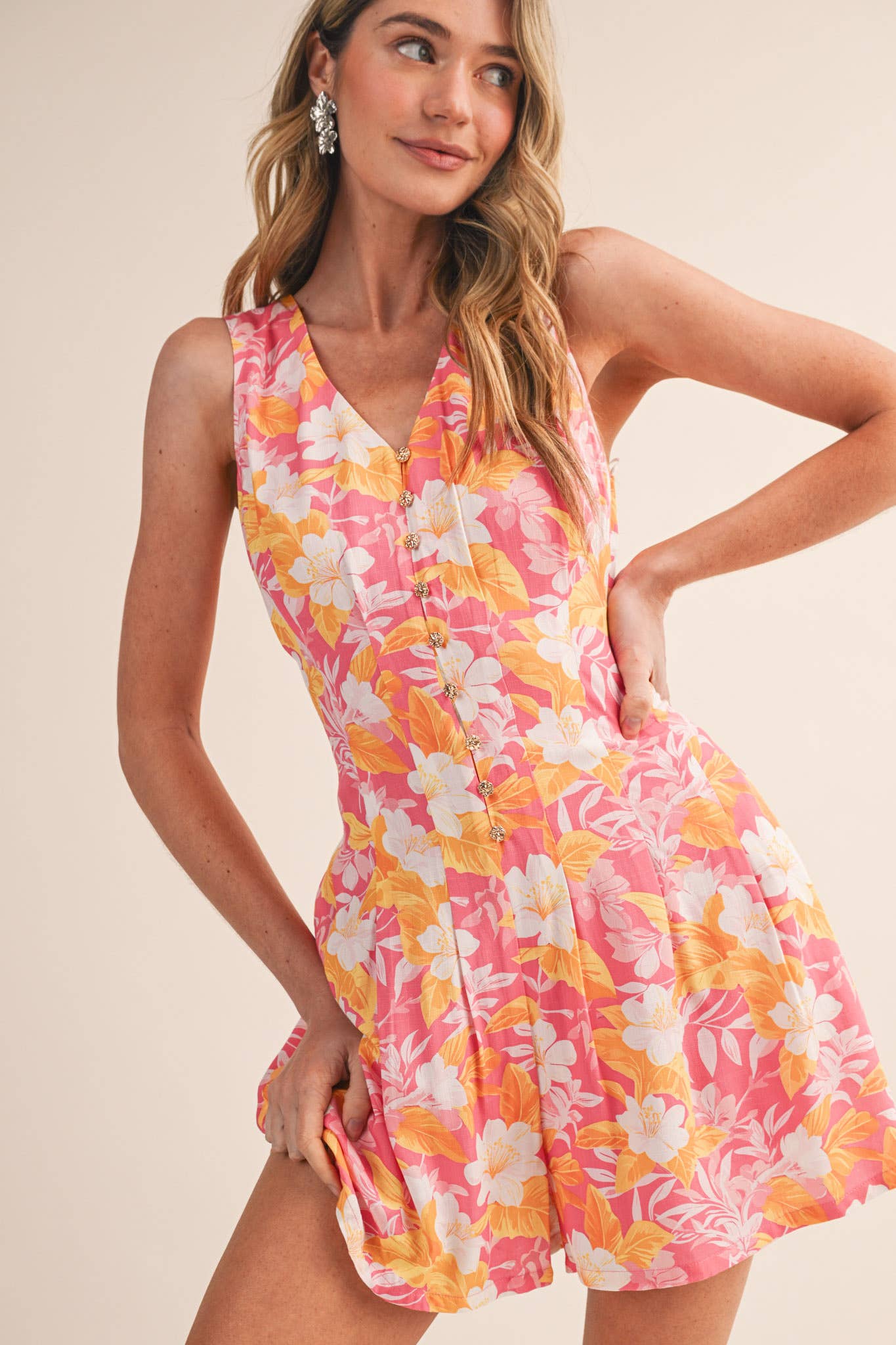 TROPICAL FLORAL PLEATED WAIST BUTTON UP ROMPER MP4884