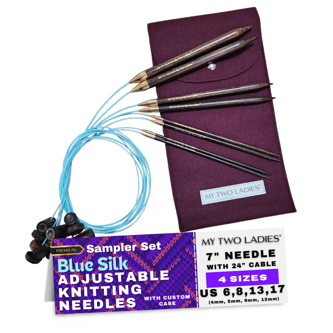 Blue Silk | Sampler Set | Adjustable Knitting Needles | 4 Sizes | US6, US8, US13, US17 | w/custom case