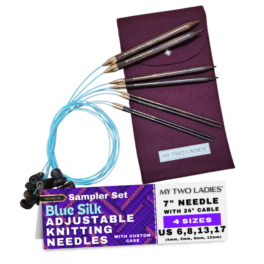 Blue Silk | Sampler Set | Adjustable Knitting Needles | 4 Sizes | US6, US8, US13, US17 | w/custom case
