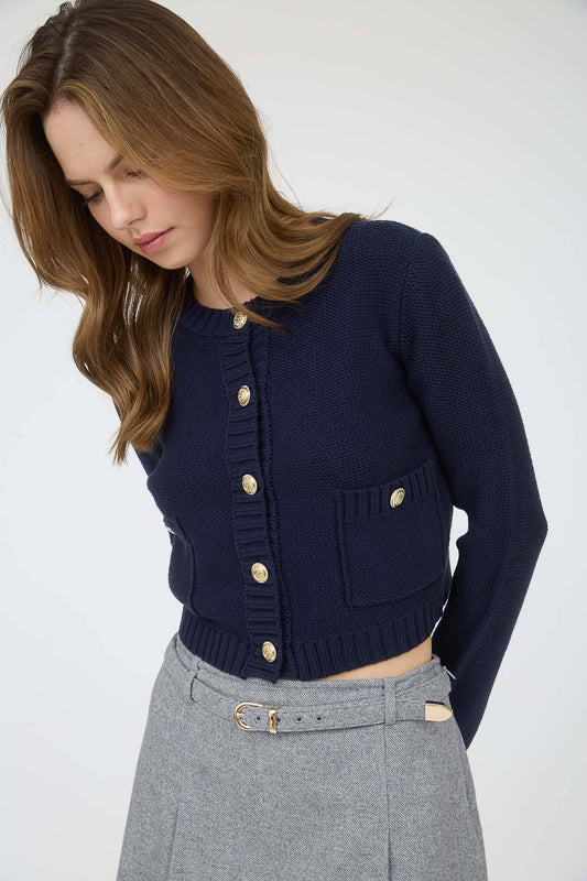 GOLD BUTTON RIBBED TRIM KNIT CARDIGAN SWEATER