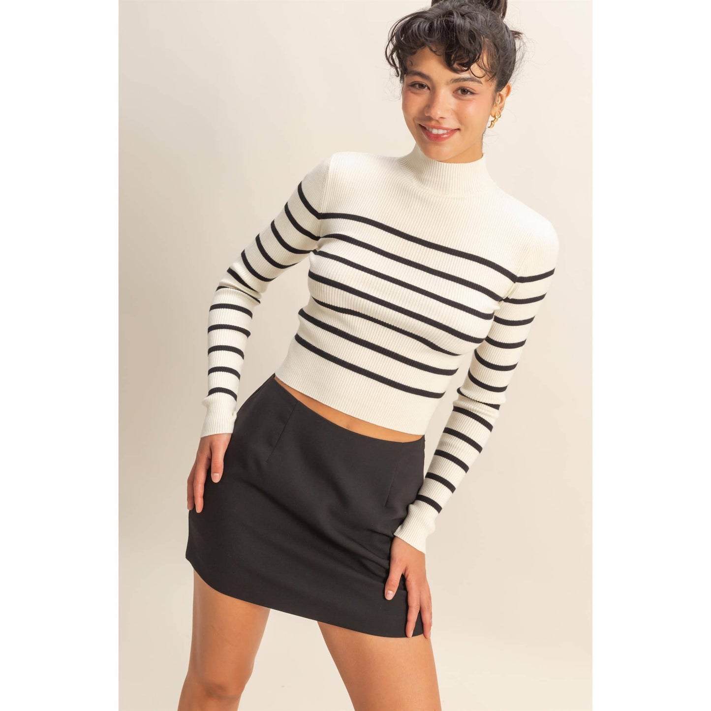 Striped Ribbed High Neck Cropped Knit Top