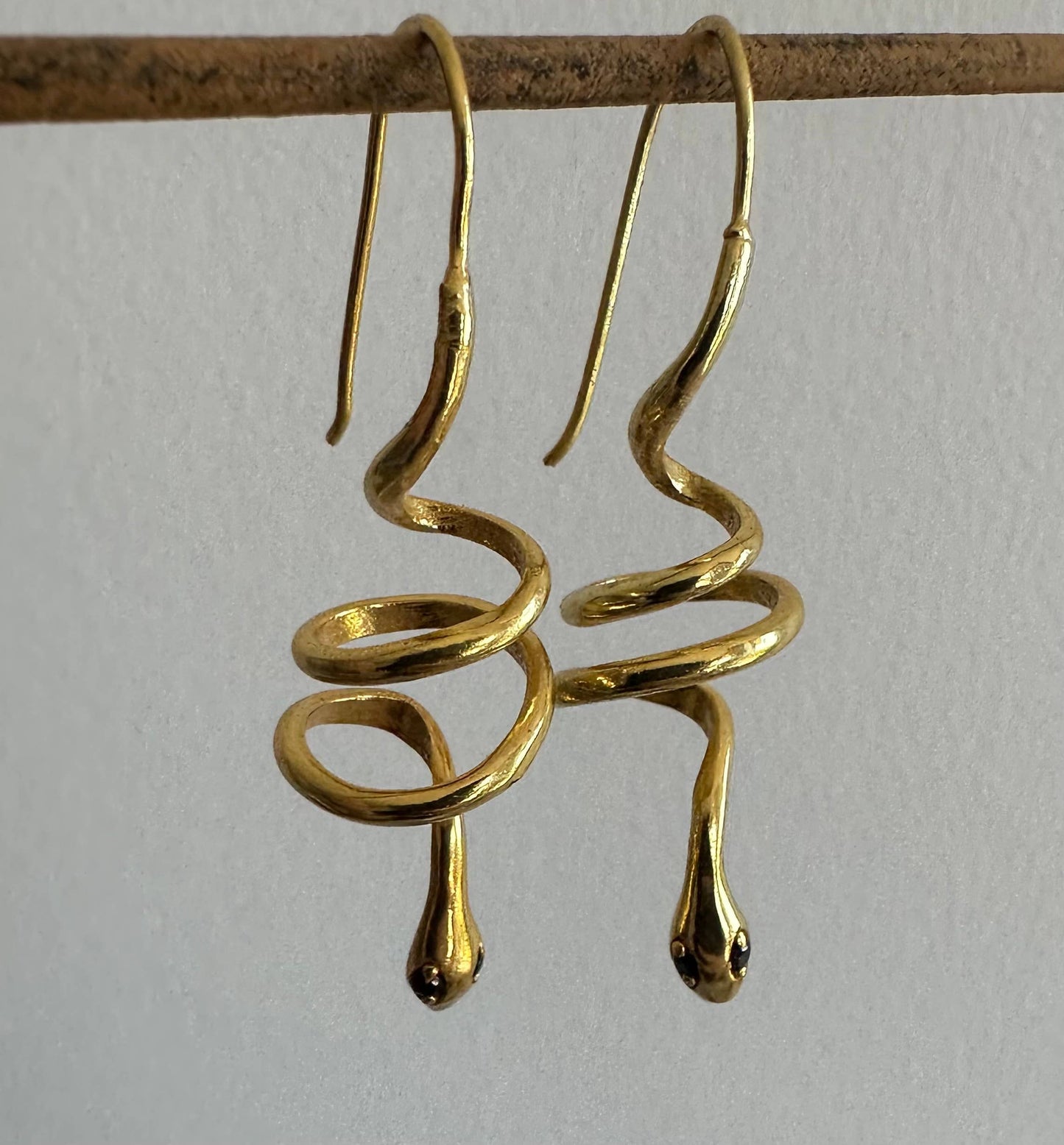 Green Zircon Eyes | Gold Snake Hoop Earrings | Spiral Snake