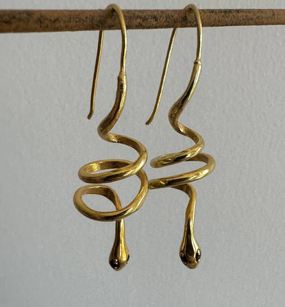 Green Zircon Eyes | Gold Snake Hoop Earrings | Spiral Snake