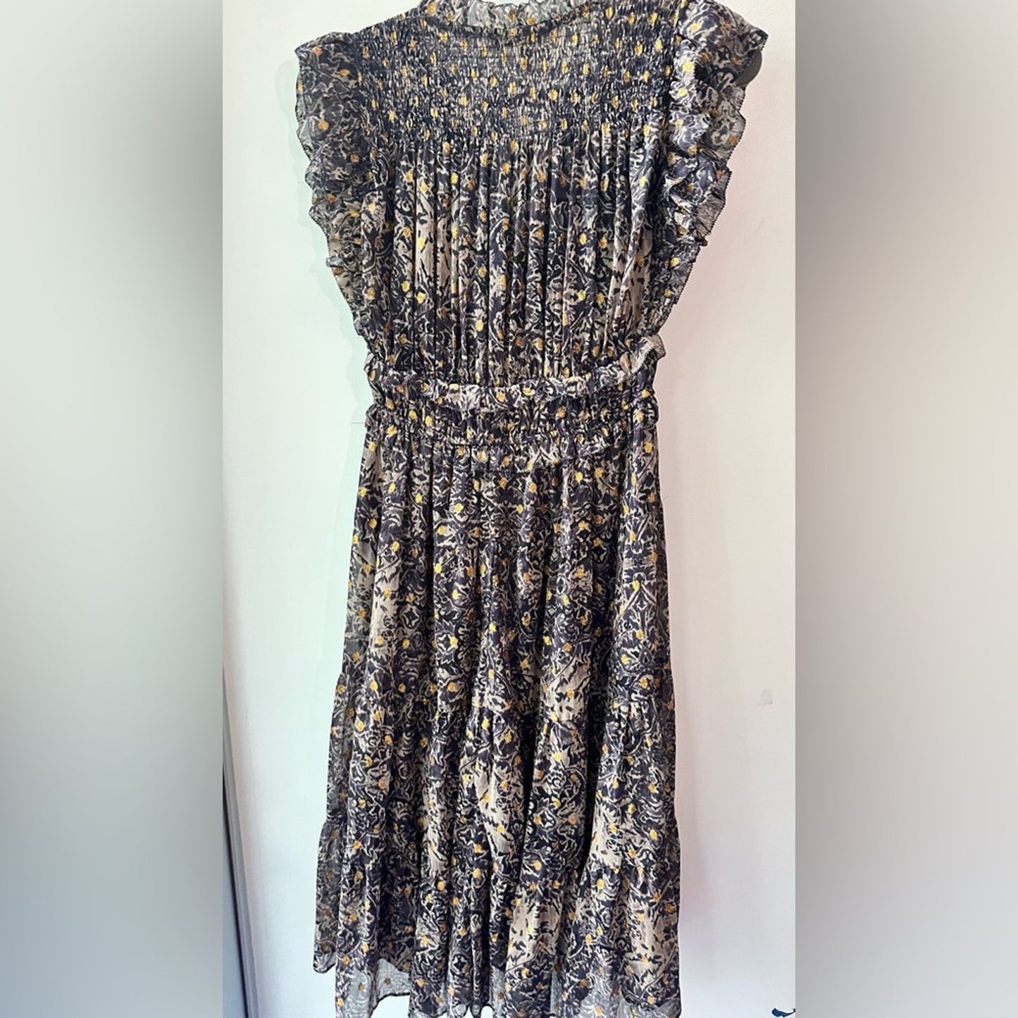 Oliveaceous, Black and Gold Smocked Ruffle Midi Dress, Size M | 0102