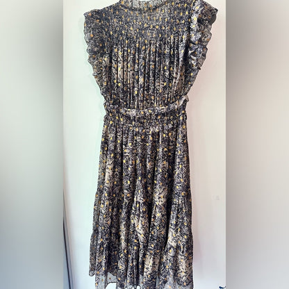 Oliveaceous, Black and Gold Smocked Ruffle Midi Dress, Size M | 0102