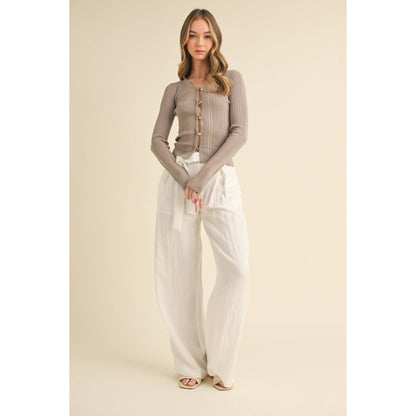 LONG-SLEEVE RIBBED BUTTON-UP CARDIGAN