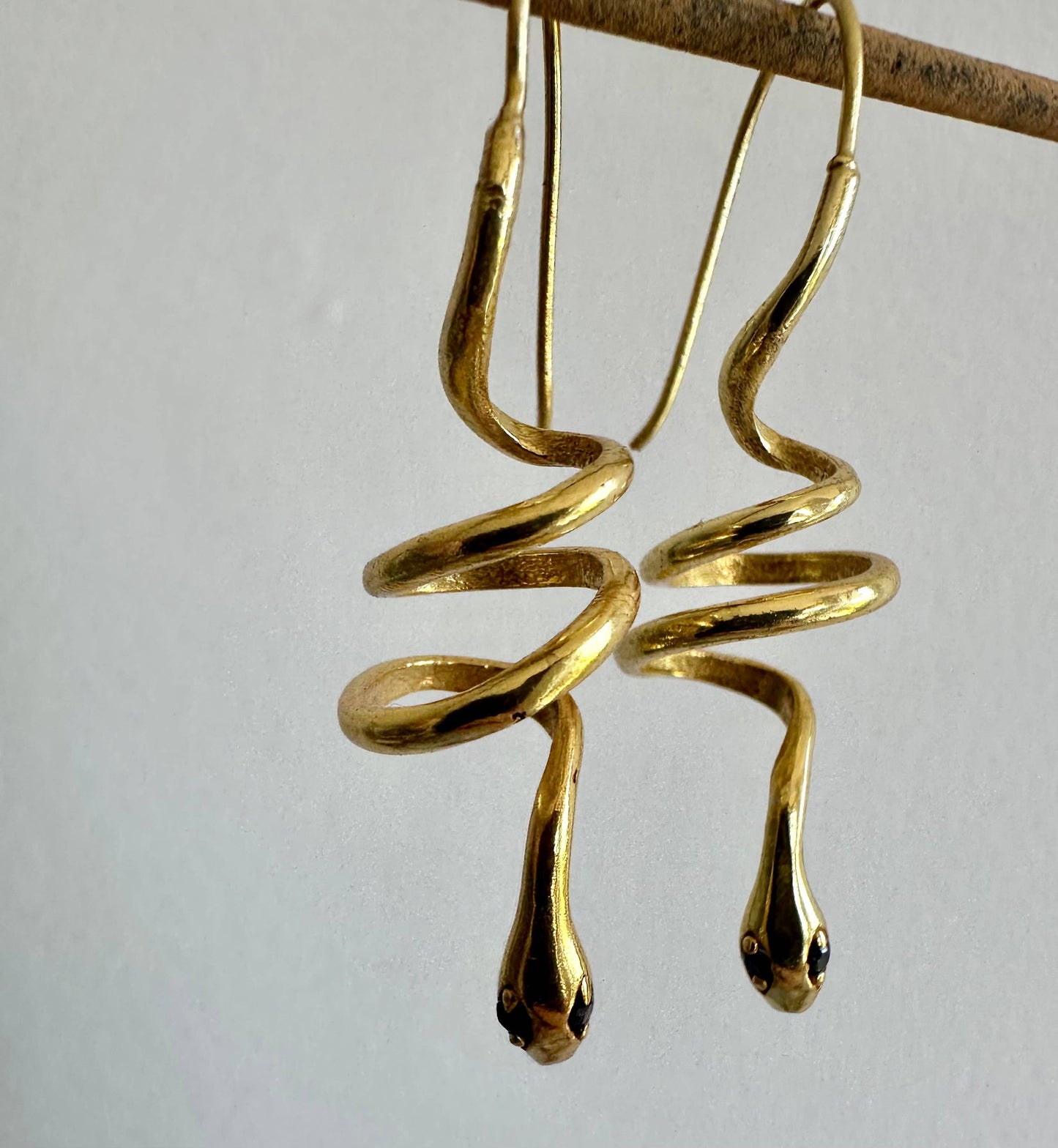 Green Zircon Eyes | Gold Snake Hoop Earrings | Spiral Snake