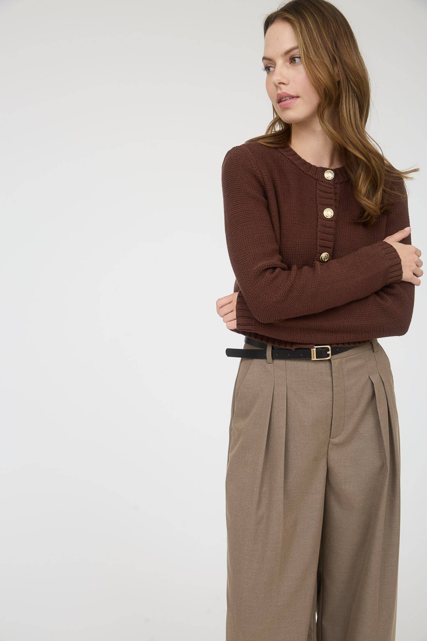 GOLD BUTTON RIBBED TRIM KNIT CARDIGAN SWEATER