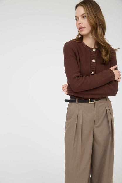 GOLD BUTTON RIBBED TRIM KNIT CARDIGAN SWEATER