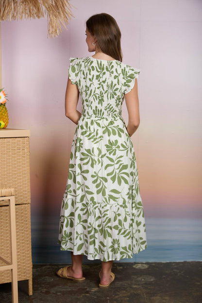 FLORAL LEAF PRINT SMOCKED MOCK BUTTON MIDI DRESS