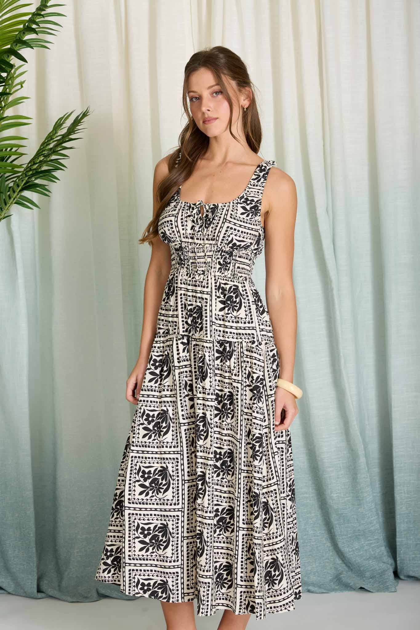 FLORAL TILE PRINT SLEEVELESS SMOCKED MIDI DRESS