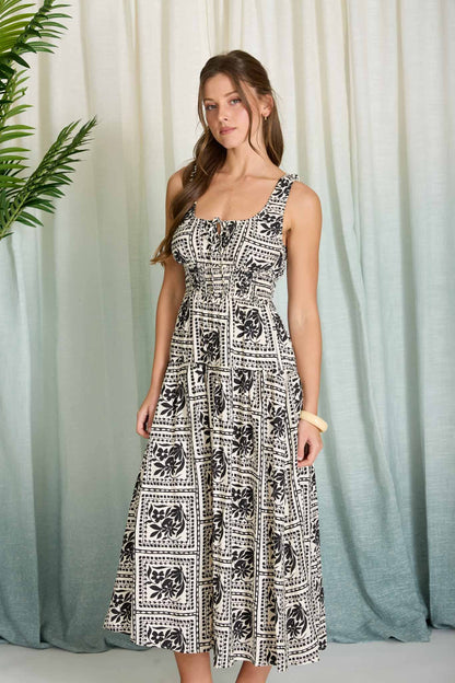 FLORAL TILE PRINT SLEEVELESS SMOCKED MIDI DRESS